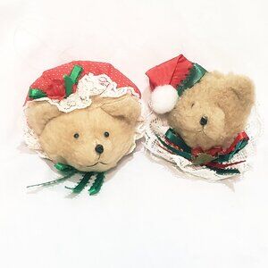Mr. Mrs. Santa Bear Head Fabric Faux Fur Christmas Ornament Vintage 3" Ribbon